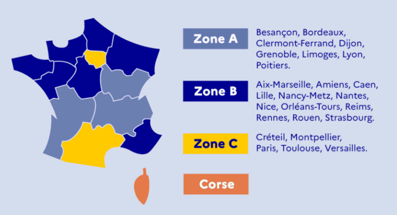 Academic zones (A, B, C) in France